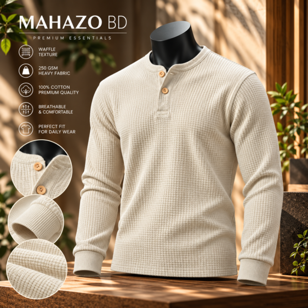 Premium Henley Full Sleeve T-Shirt (Cream)